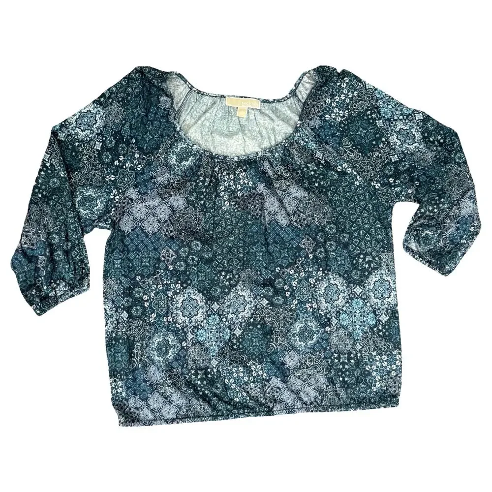 Michael Kors Blue Paisley Floral Scoop Neck Bracelet Sleeve Blouse Top size L - Picture 3 of 10